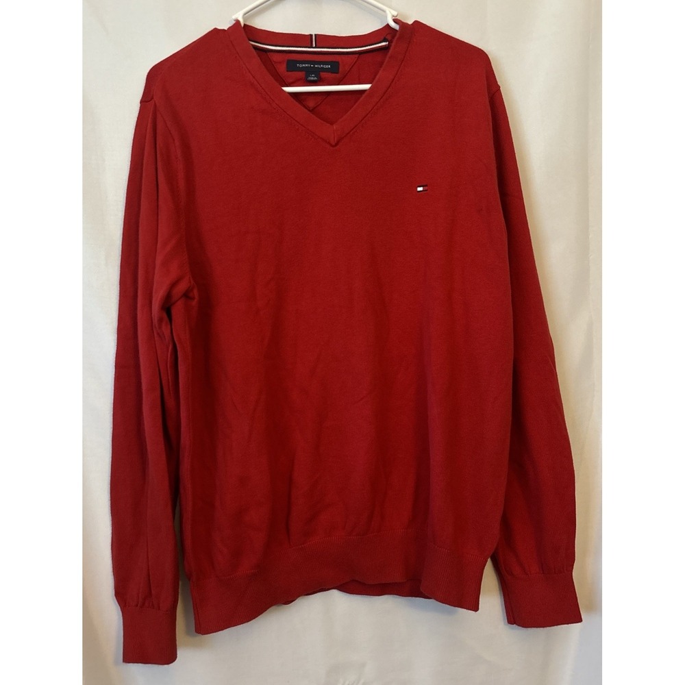 Tommy Hilfiger Men's Red V-Neck Pullover Sweater Cotton Knit Logo L